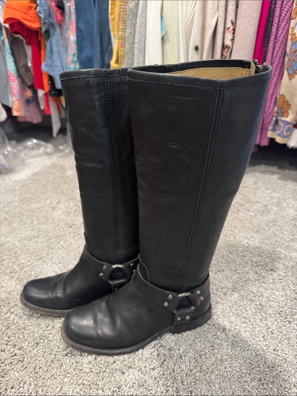 FRYE AND CO. Black Leather Mid-Calf Harness Heeled Boots